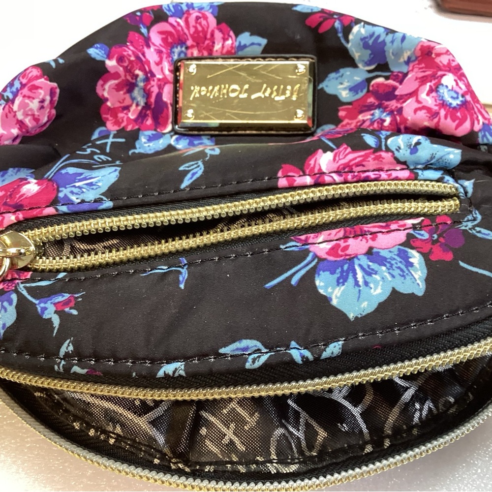 Betsey Johnson Mini crossbody bag. Black with blue & pink flowers. KS4